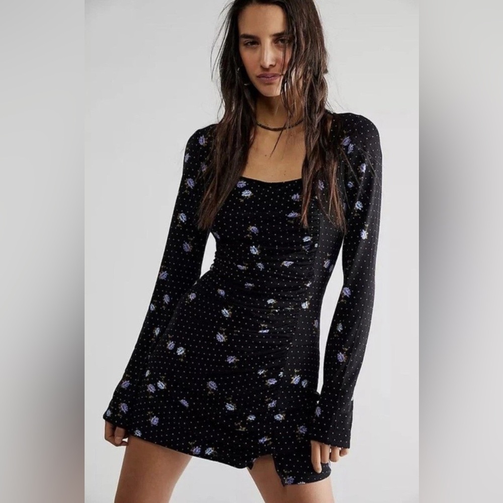Free People Celia Mini Dress NWOT L 90s Square Neck Slit Sexy Cool